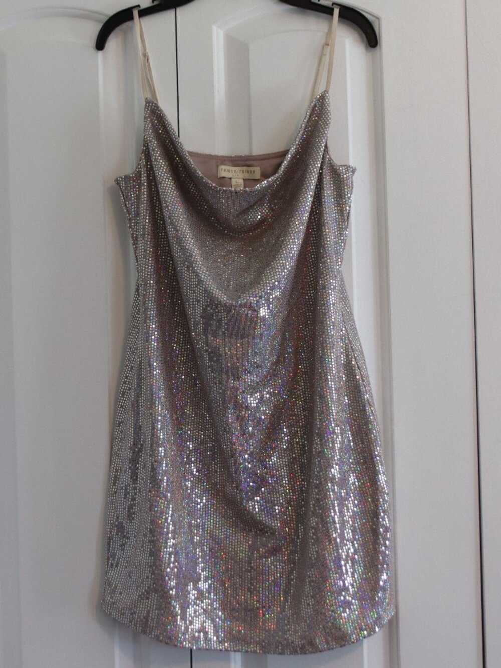 Thirty Thirty LA Silver Sequined Holographic Metallic Mini Dress Cowl Neck Sz L